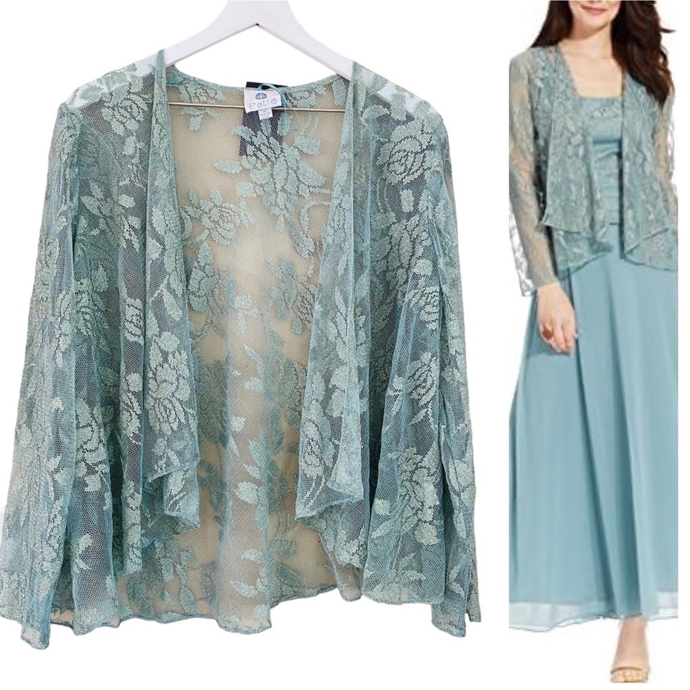 PLUS Patra NWT Spearmint Floral Metallic Sheer‎ Lace Open Cardigan Overpiece 14